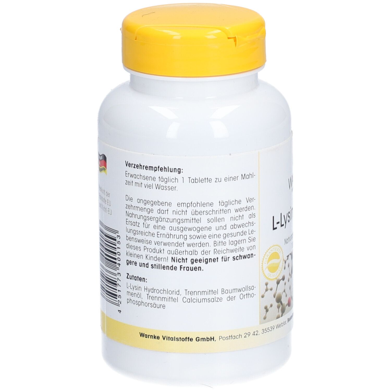 Achterkant van de witte fles met gele dop. Tekst: Aanbevelingen, ingrediënten. Gemaakt in Duitsland. Warnke Vitalstoffe GmbH.