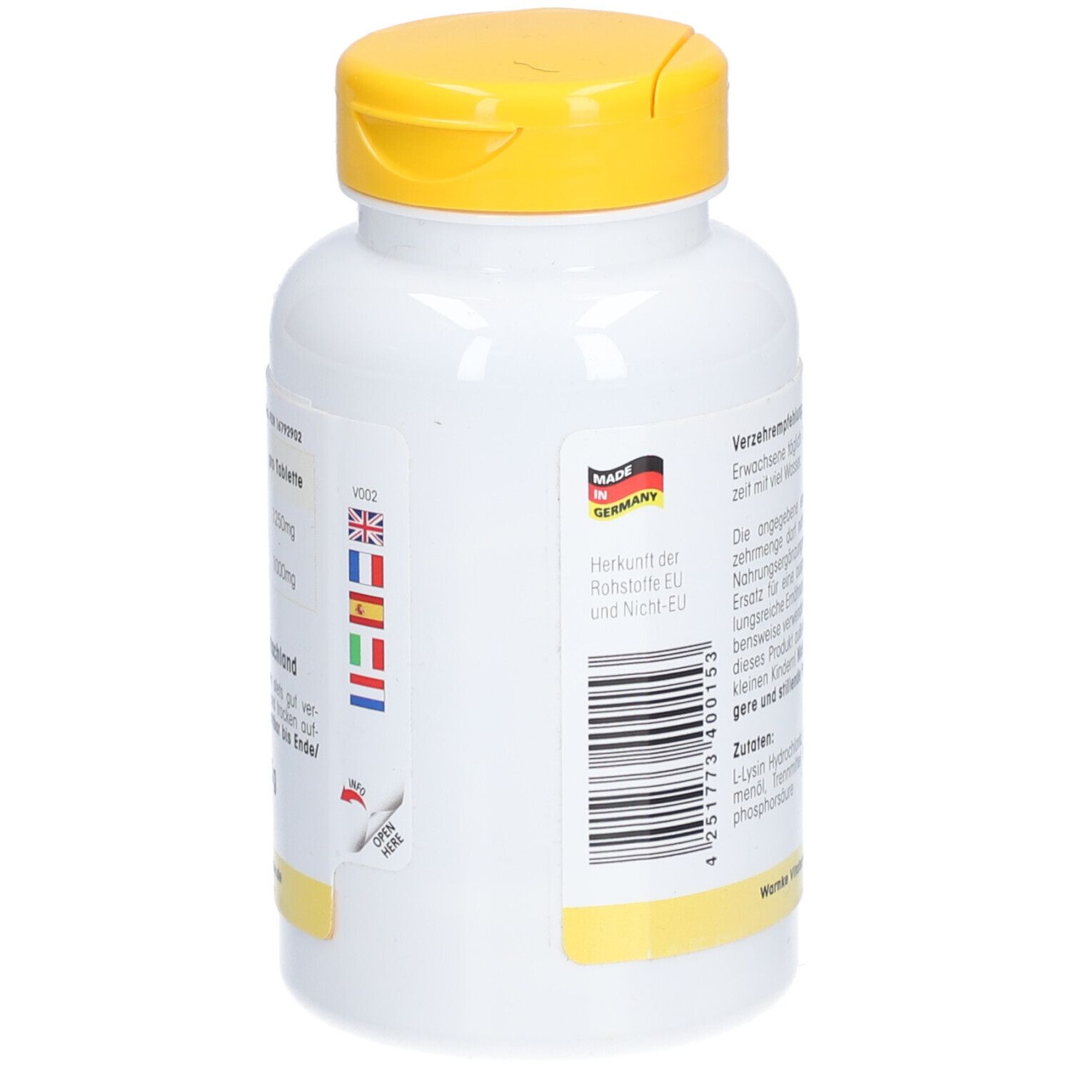 Witte fles met gele dop. Sticker met vlaggen van EU-landen. Gemaakt in Duitsland. Warnke Vitalstoffe GmbH.