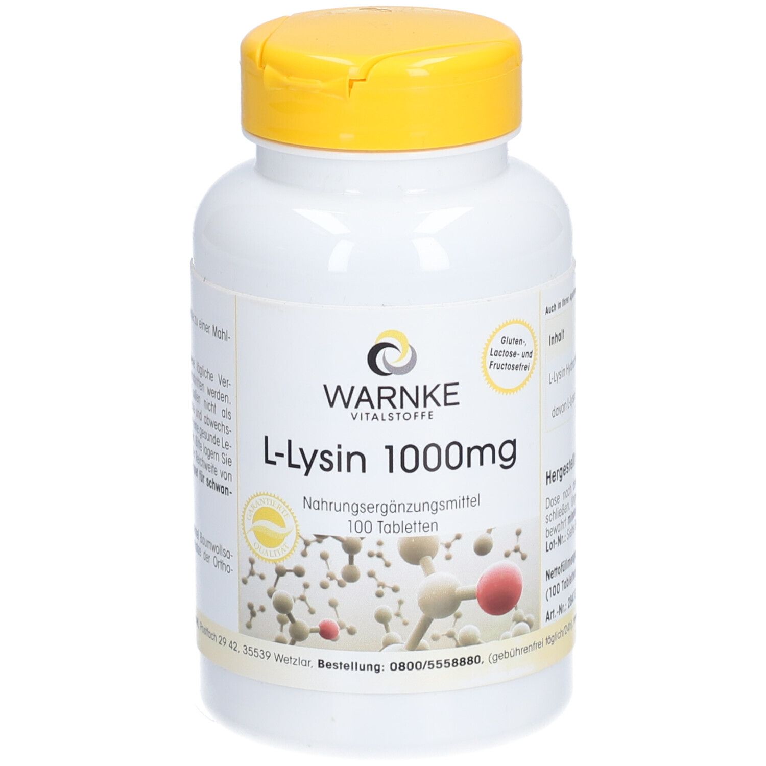 Witte fles met gele dop. Opschrift: L-Lysine 1000mg, 100 tabletten. Merk: Warnke Vitalstoffe. Glutenvrij en lactosevrij.