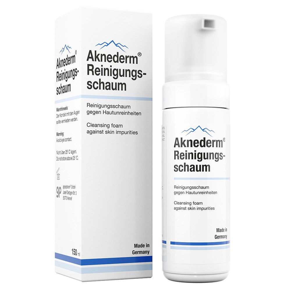 Aknederm Reinigungsschaum, witte fles en doos. Tekst: Reinigingsschuim tegen huidonzuiverheden. Made in Germany.