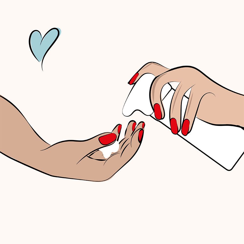 Illustratie: handen met rode nagellak, één houdt een witte fles vast, de ander ontvangt schuim. Blauw hart.