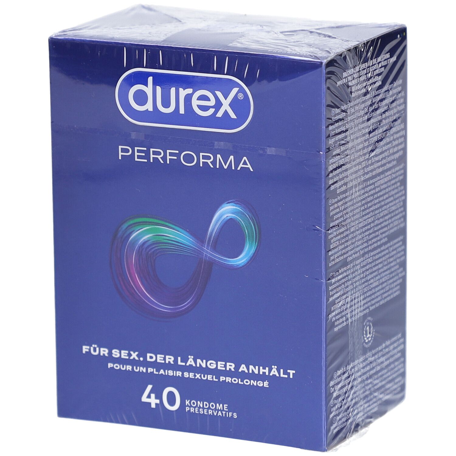 Boîte de préservatifs Durex Performa, 40 unités. Boîte bleue avec logo et texte argentés.