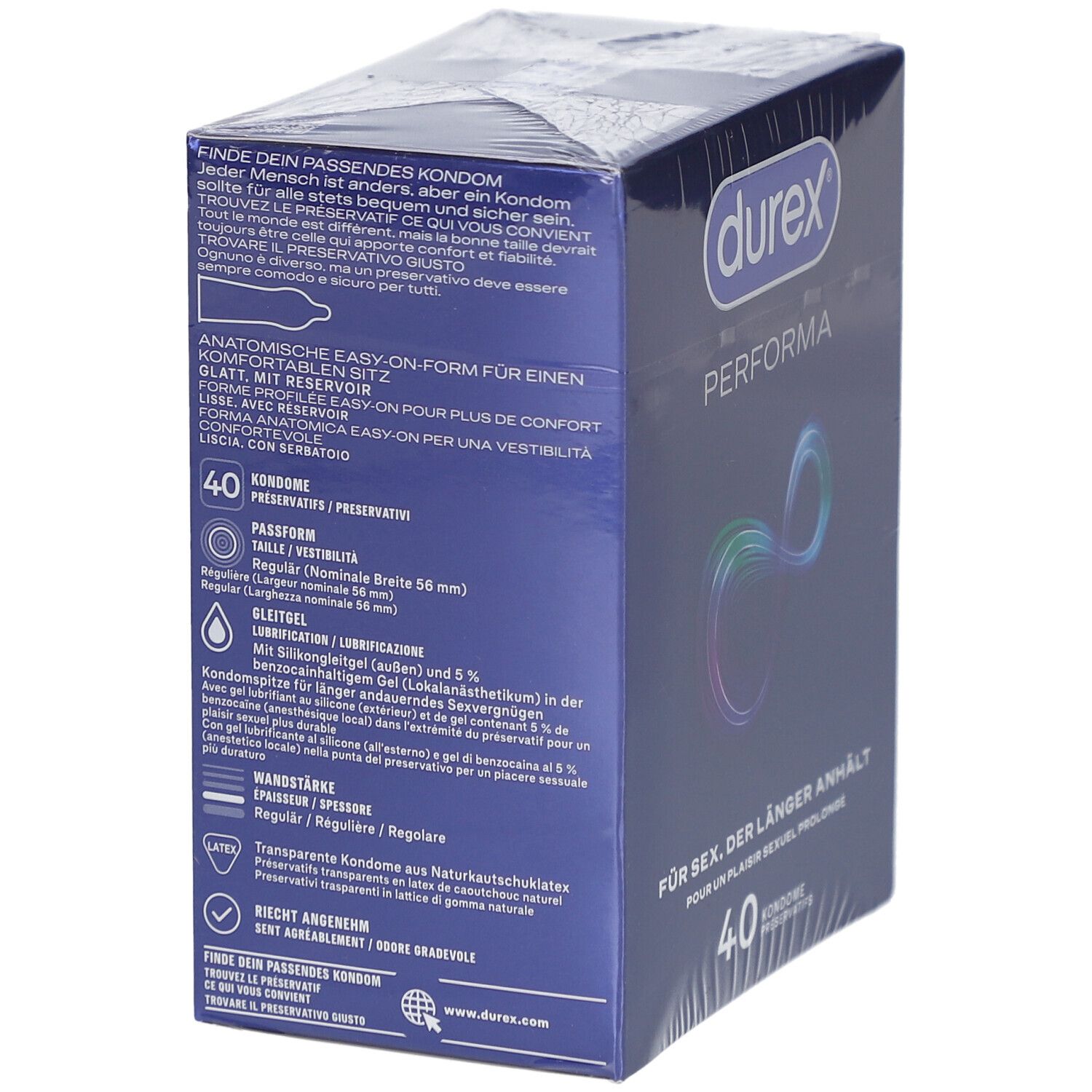 Boîte de préservatifs Durex Performa, 40 unités. Vue latérale avec informations produit.