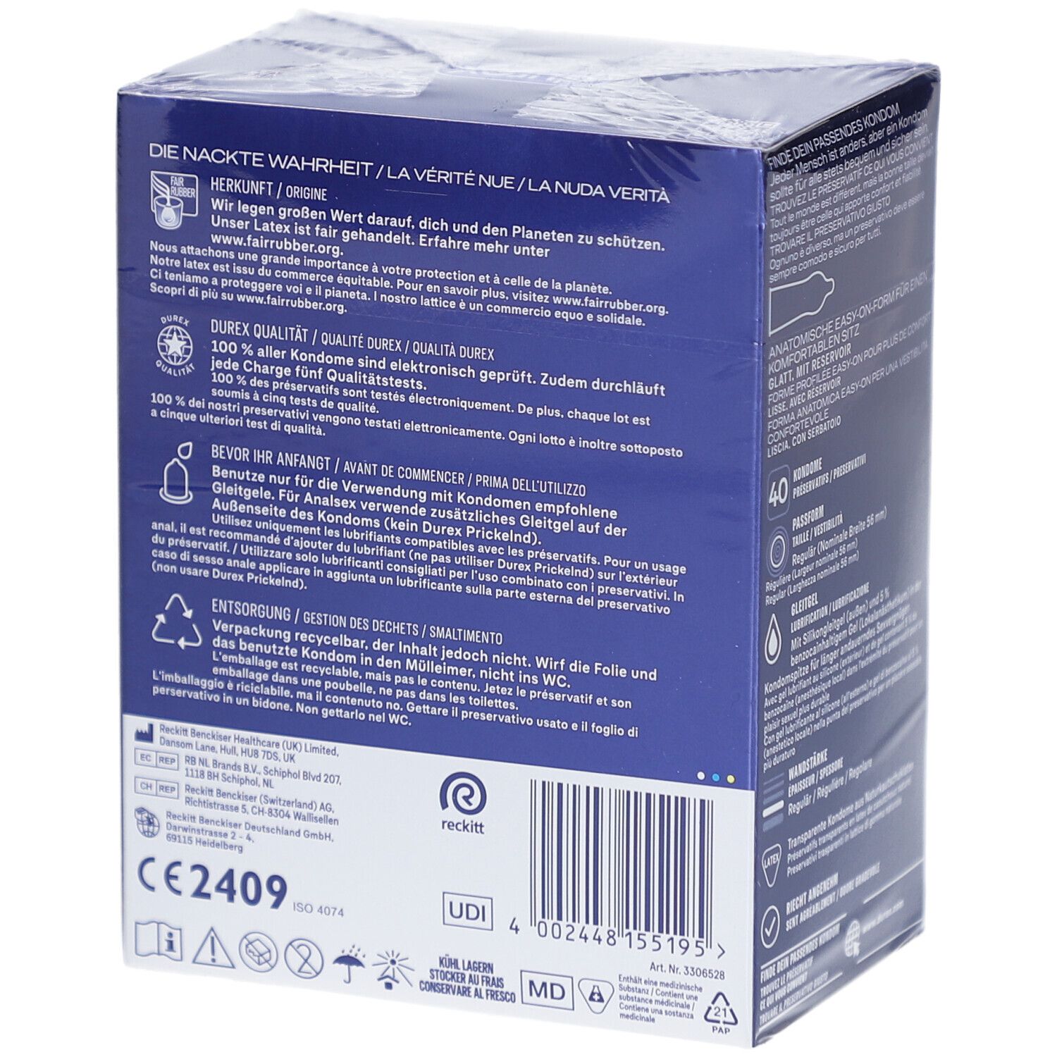 Arrière d'une boîte de préservatifs Durex Performa avec marquage CE et code-barres.