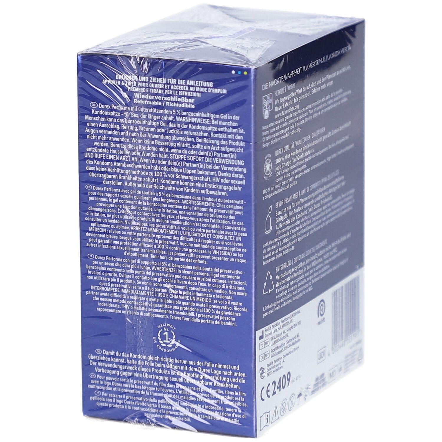 Vue latérale d'une boîte de préservatifs Durex Performa avec instructions d'utilisation détaillées.