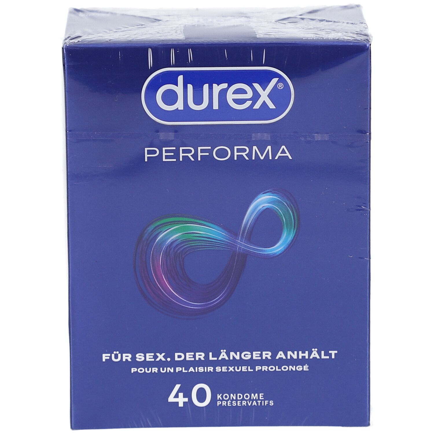 Boîte de préservatifs Durex Performa, 40 unités. Façade avec logo et nom du produit.