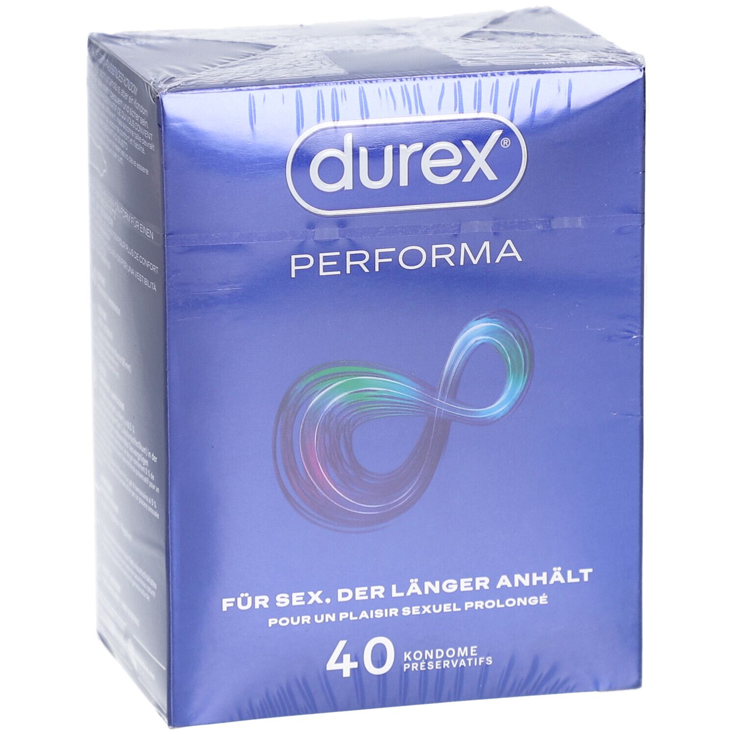Boîte de préservatifs Durex Performa, 40 unités. Vue de face avec symbole d'infini stylisé.