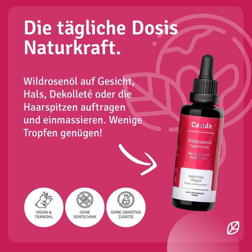 Tekst op roze achtergrond met vinkjes. Ideaal voor beautyroutine. Hydrateert. Natuurlijke rozenbottelolie.