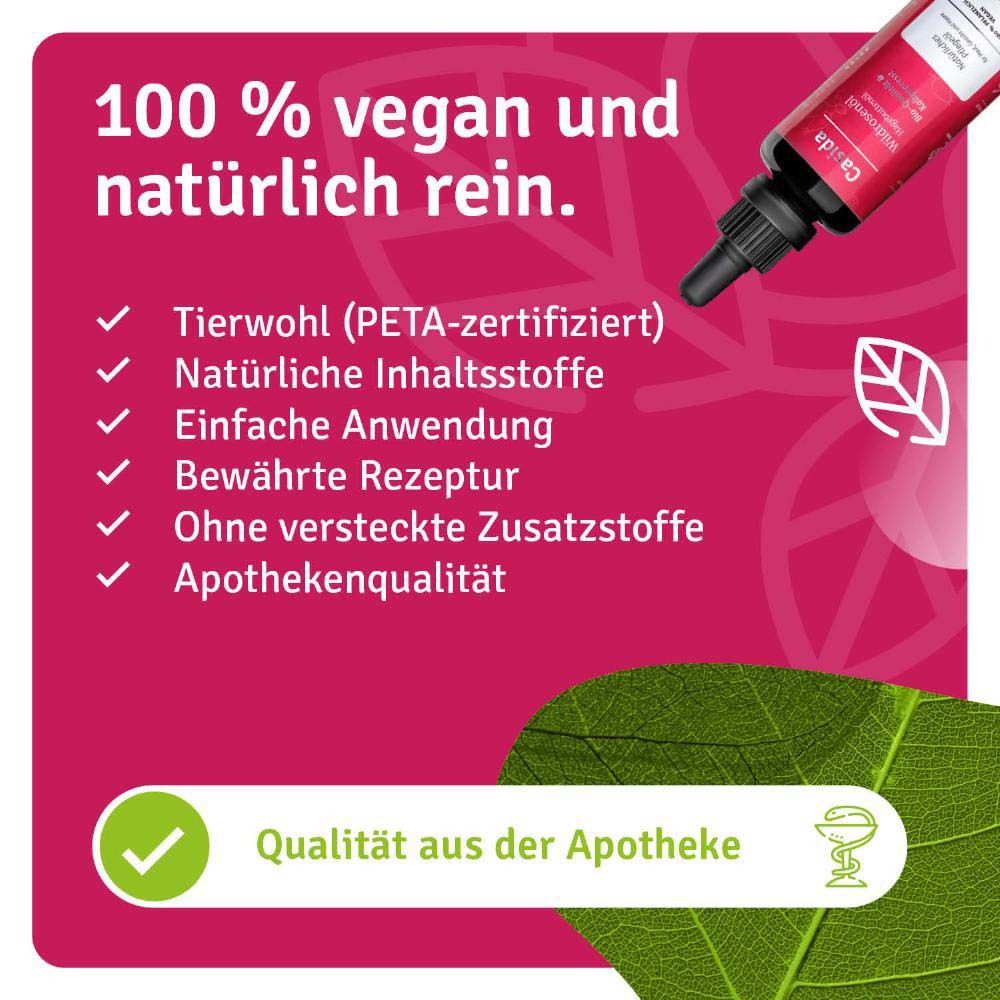 Tekst op roze achtergrond. 100% vegan en natuurlijk puur. PETA-gecertificeerd. Apotheekkwaliteit. Kwaliteit uit de apotheek.
