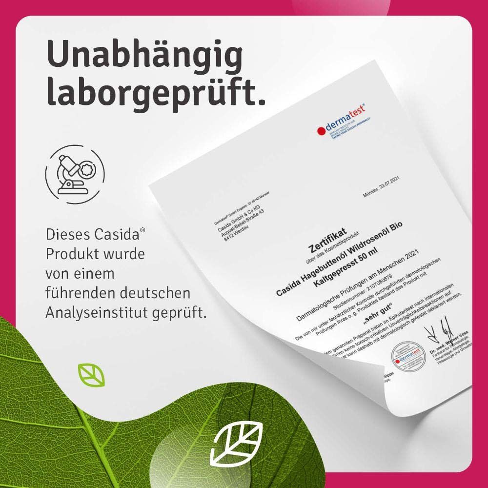 Certificaat. Onafhankelijk getest in laboratorium. Casida Rozenbottelolie Bio. Zeer goed. Dermatest.