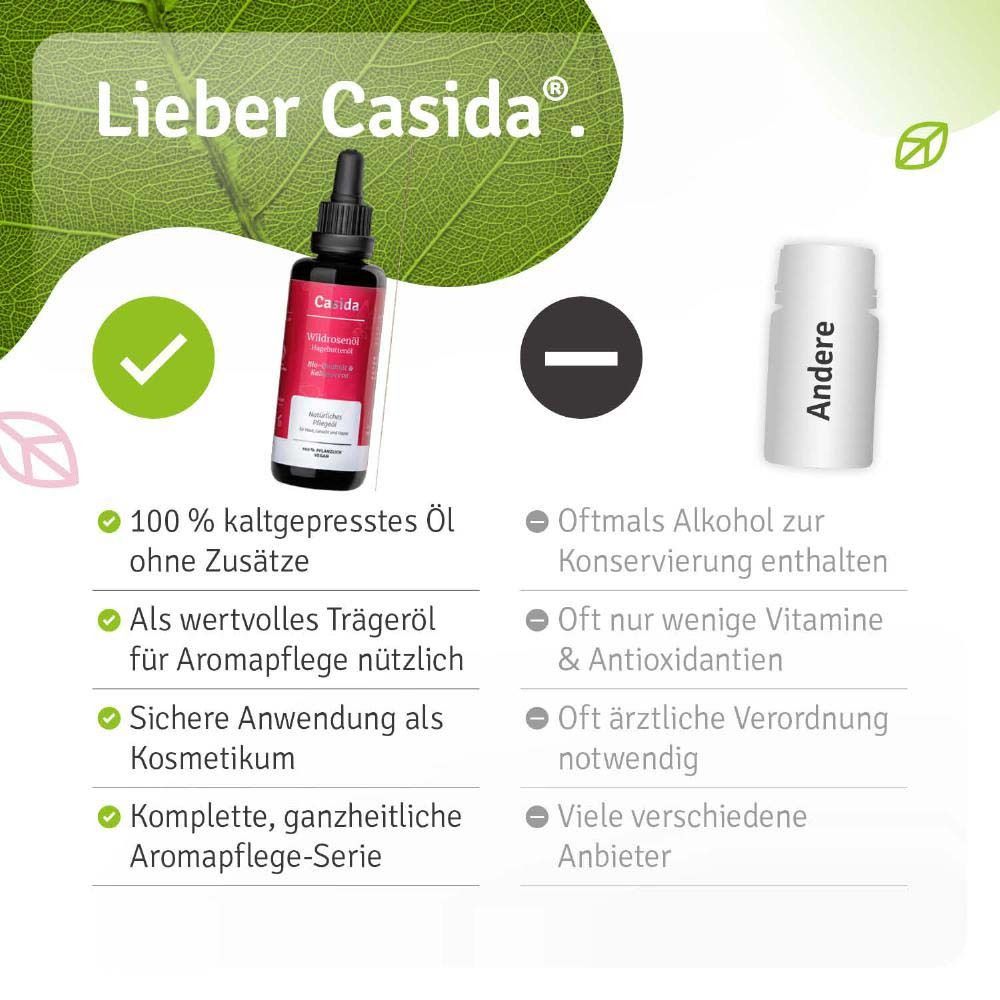 Vergelijking: Casida vs. Andere. 100% koudgeperste olie zonder toevoegingen. Waardevolle draagolie. Veilig gebruik.