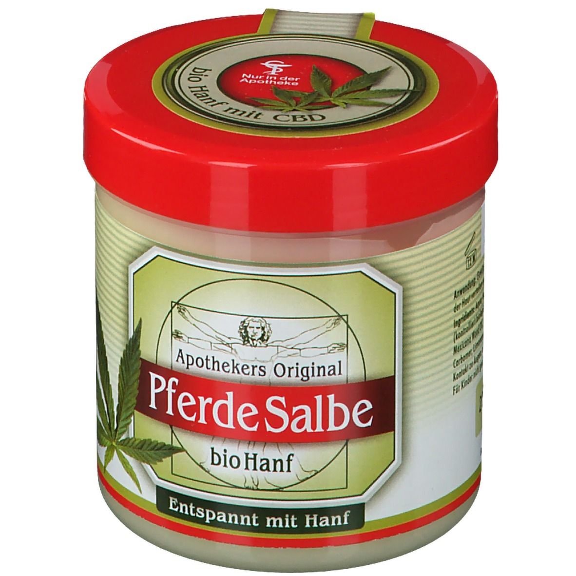 Crèmepot met rode deksel. Op het etiket staat "Apothekers Original Pferde Salbe bio Hanf".