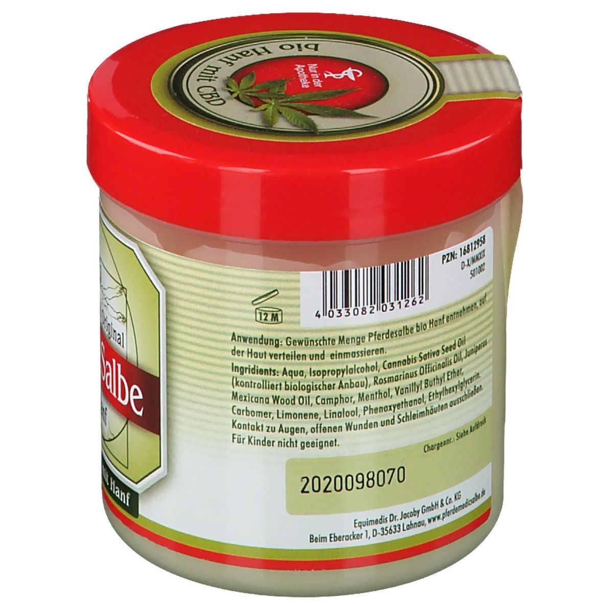 Achterkant van een crèmepot met rode deksel. Tekst: ingrediënten, gebruik, chargenummer en fabrikant.