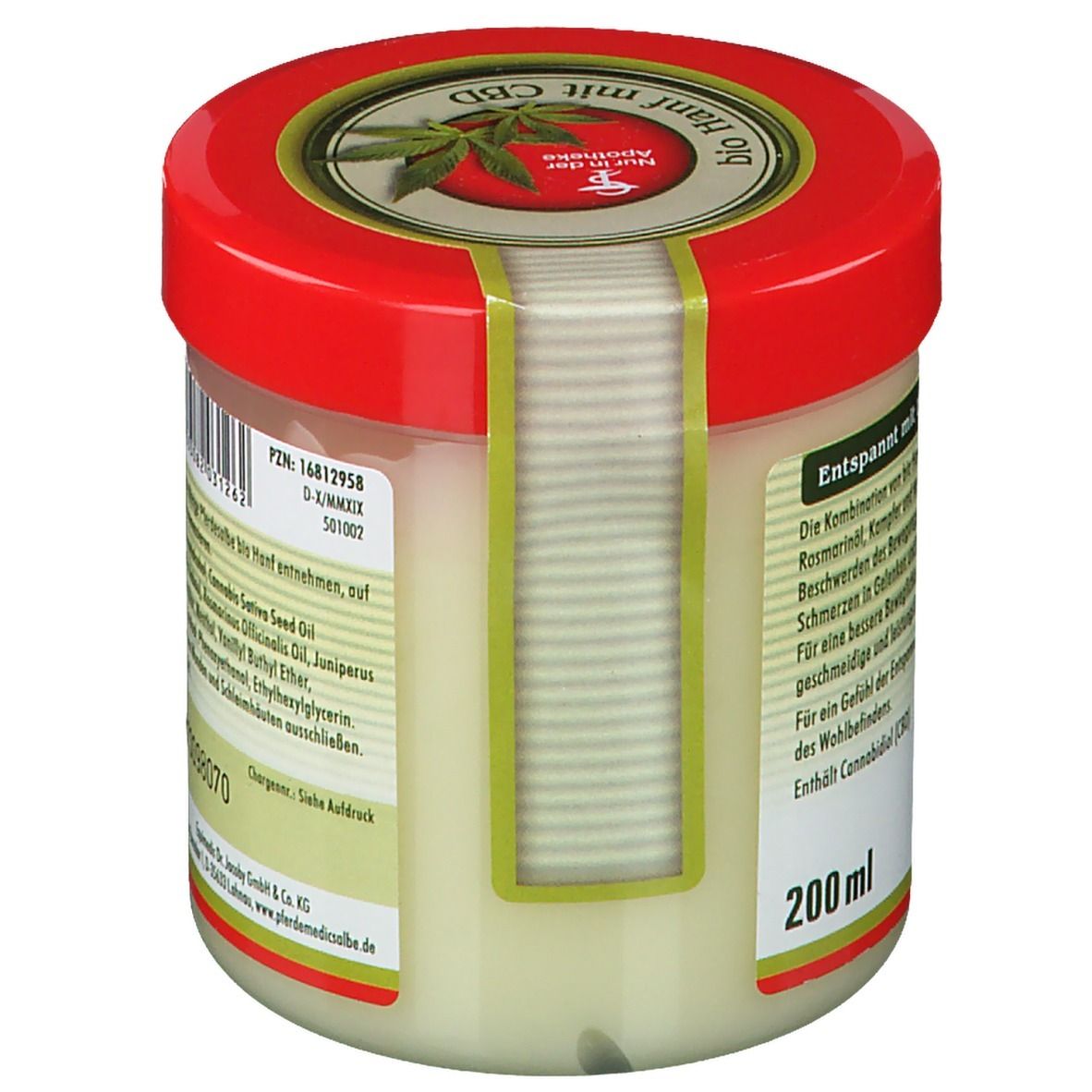 Crèmepot met rode deksel. Op de achterkant tekst: gebruik, ingrediënten, chargenummer en fabrikant.
