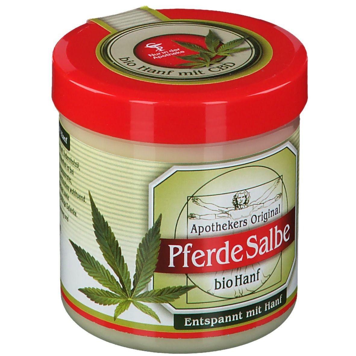 Crèmepot met rode deksel. Op het etiket staat "Apothekers Original Pferde Salbe bio Hanf".
