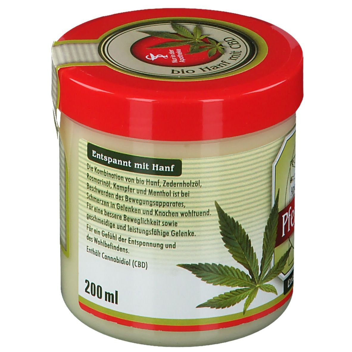 Crèmepot met rode deksel. Op de achterkant tekst: gebruik, ingrediënten, chargenummer en fabrikant.
