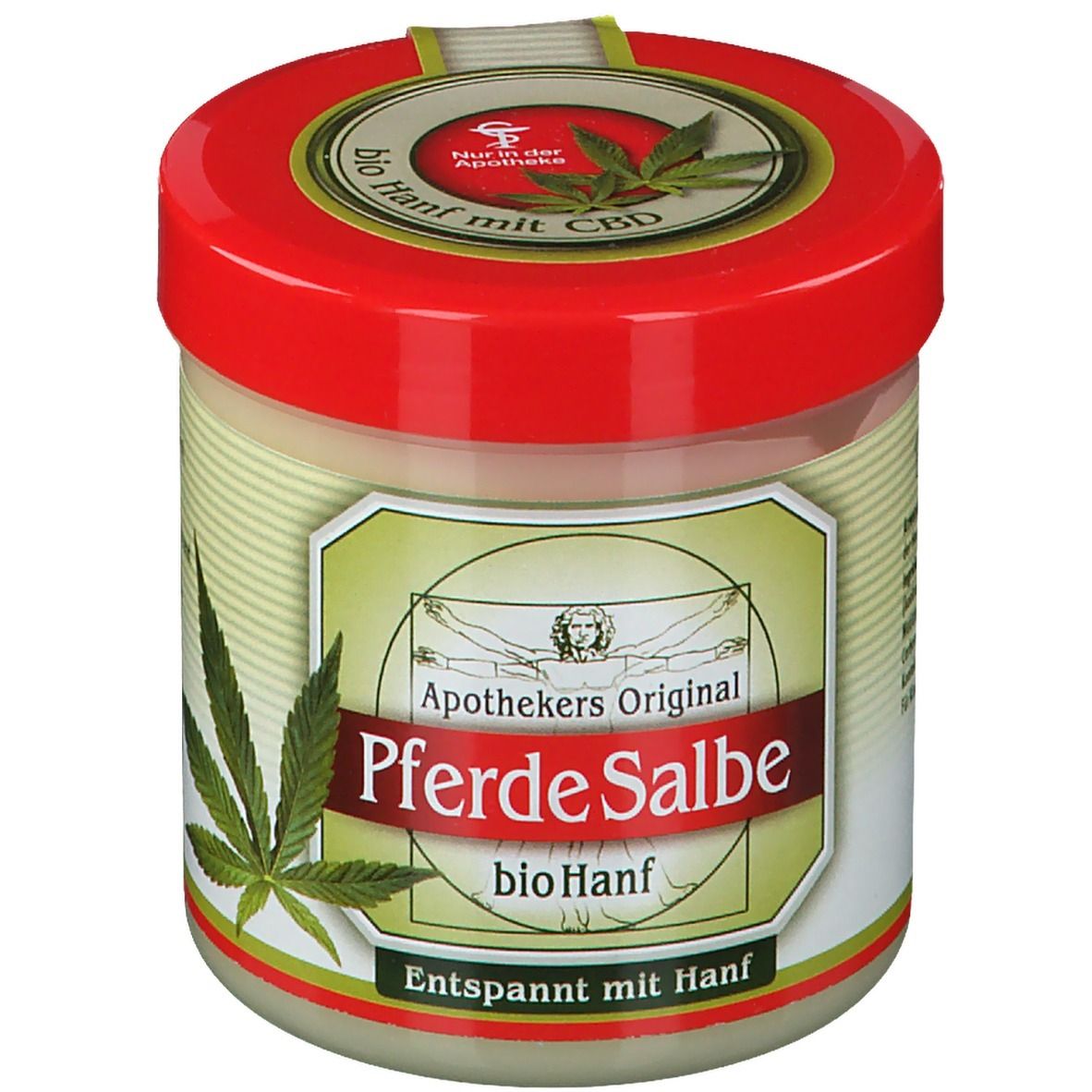 Crèmepot met rode deksel. Op het etiket staat "Apothekers Original Pferde Salbe bio Hanf".