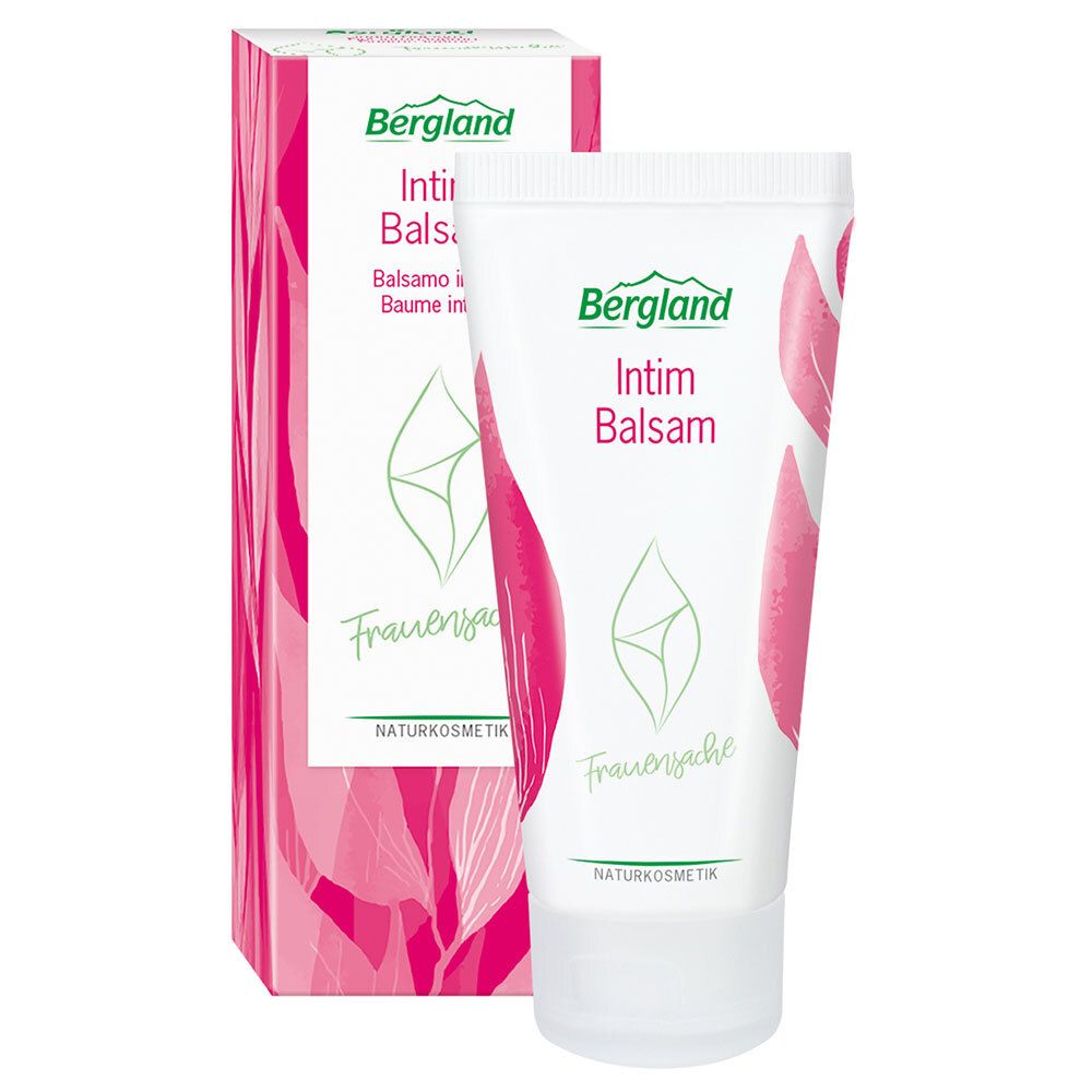 Tube et boîte blanc-rose. Inscription: Bergland Intim Balsam, FrauenSache, Naturkosmetik. Logo vert et blanc.