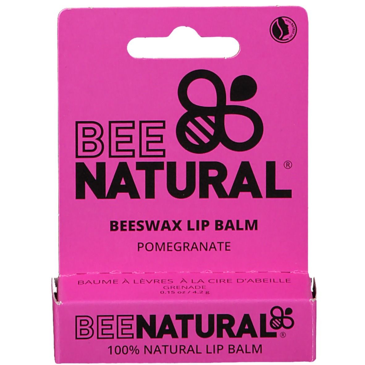Emballage de baume à lèvres. Texte: BEE NATURAL, logo d'abeille. Inscription: Beeswax Lip Balm, Pomegranate.