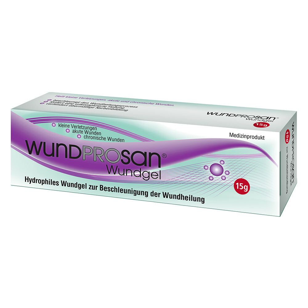 Doosje Wundprosan Wundgel. Paars en wit ontwerp. Tekst: WundProsan Wundgel, 15g. Medisch product.