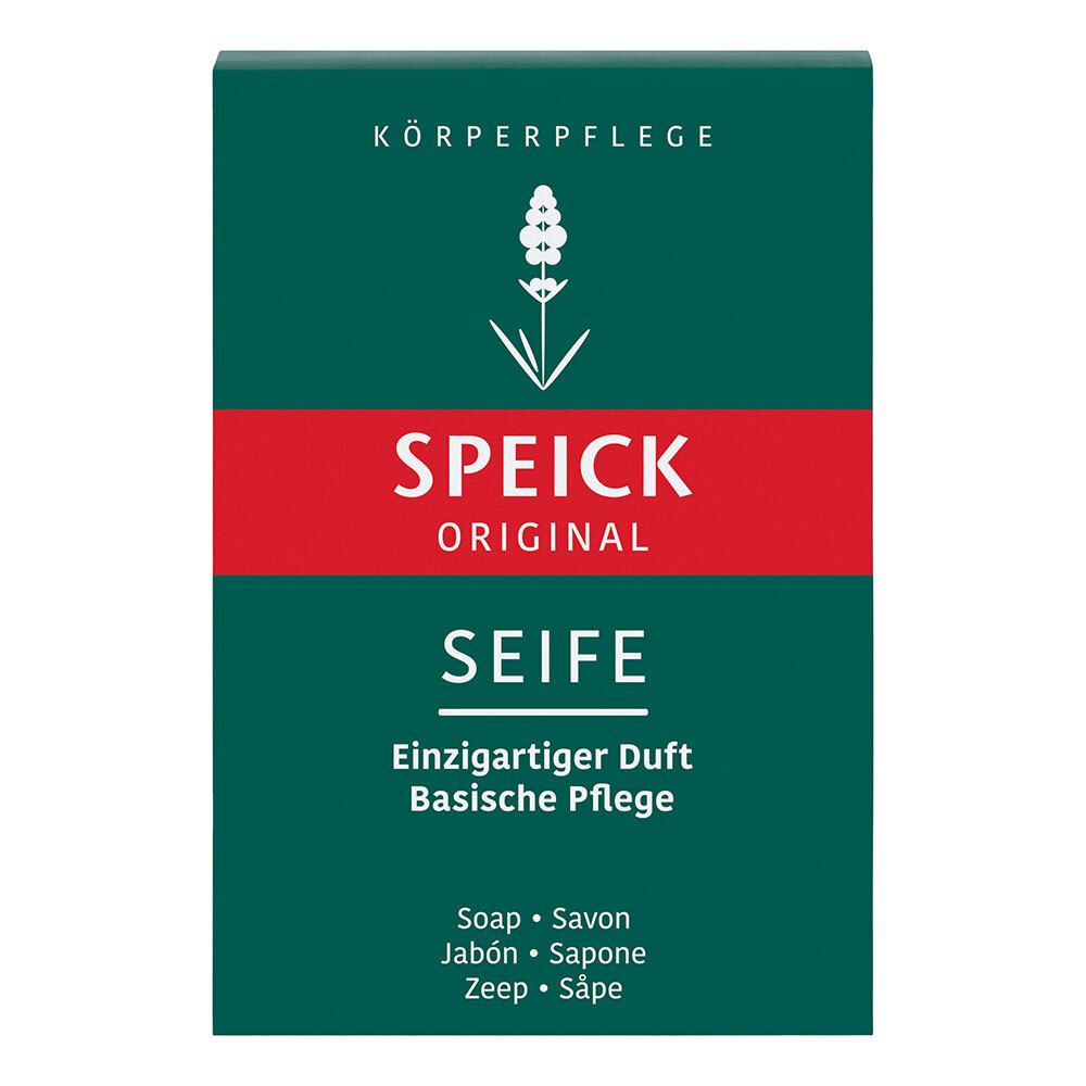 Emballage vert avec bande rouge. SPEICK ORIGINAL SEIFE. Texte : Parfum unique, Soin de base. Logo : Fleur.