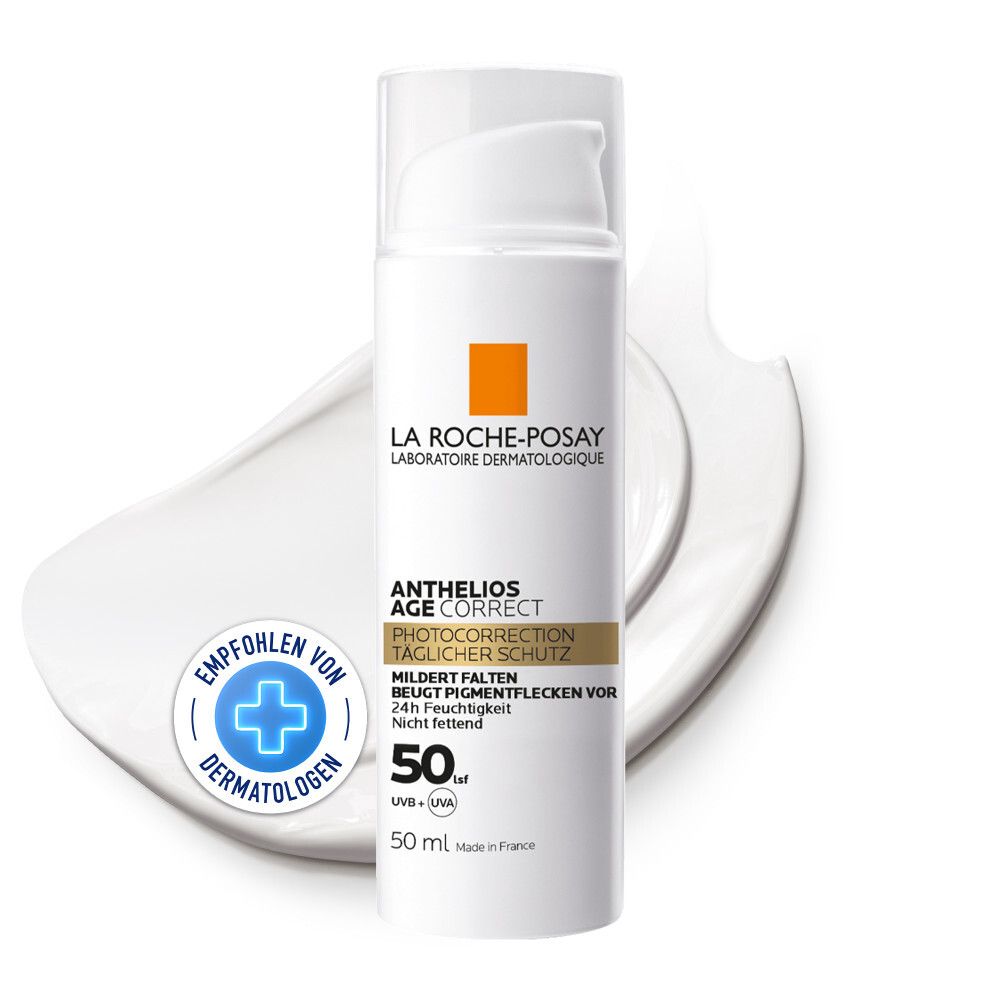 La Roche-Posay Anthelios Age Correct SPF 50+. Flacon blanc avec pompe, logo orange et texte.