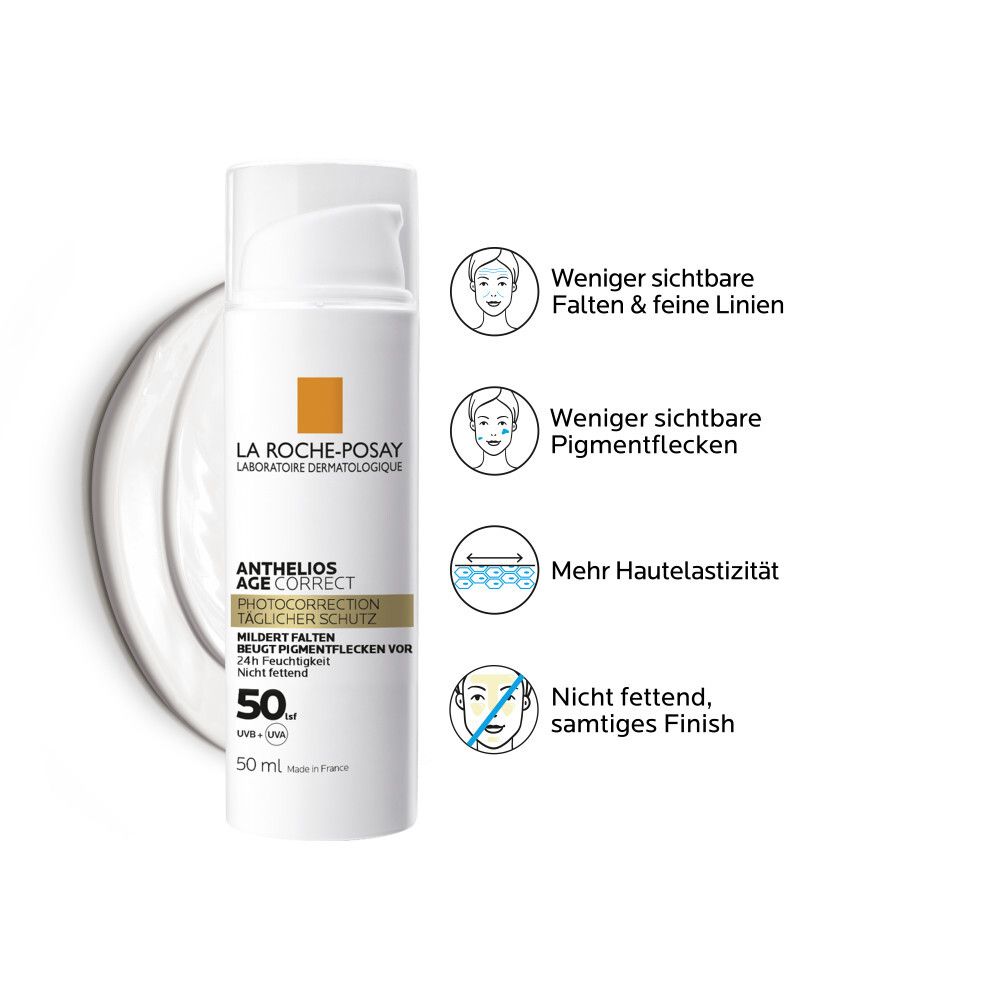 La Roche-Posay Anthelios Age Correct. Caractéristiques : moins de rides, moins de taches pigmentaires, plus d'élasticité.