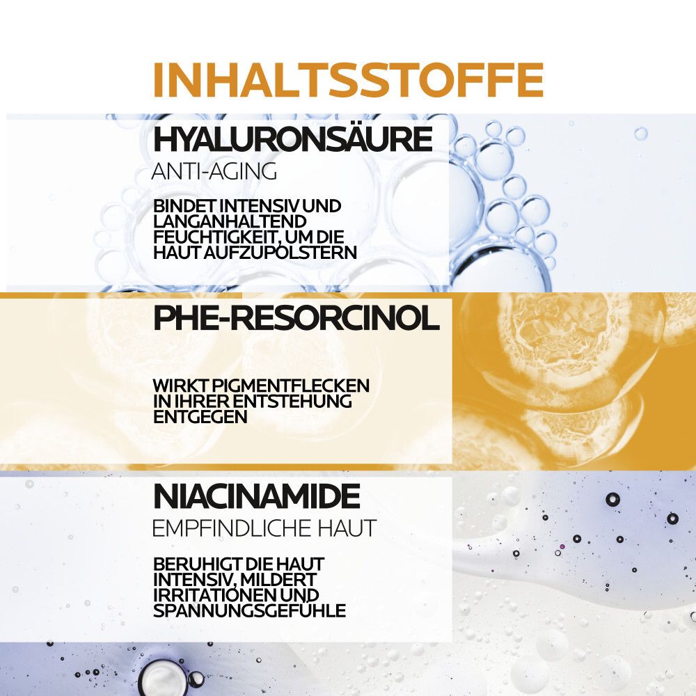 Ingrédients de La Roche-Posay Anthelios Age Correct : acide hyaluronique, phé-résorcinol, niacinamide.