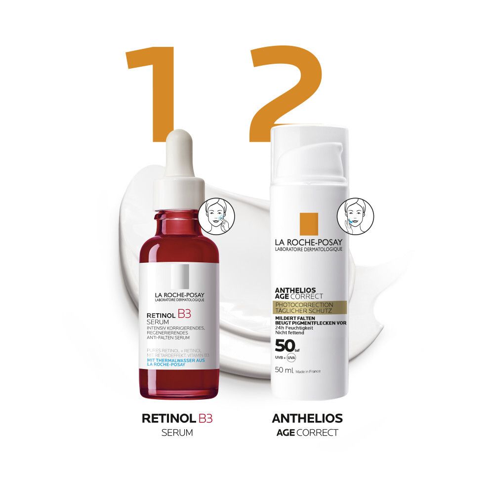 Produits La Roche-Posay : Sérum Rétinol B3 et Anthelios Age Correct SPF 50+. Les deux produits sont représentés.