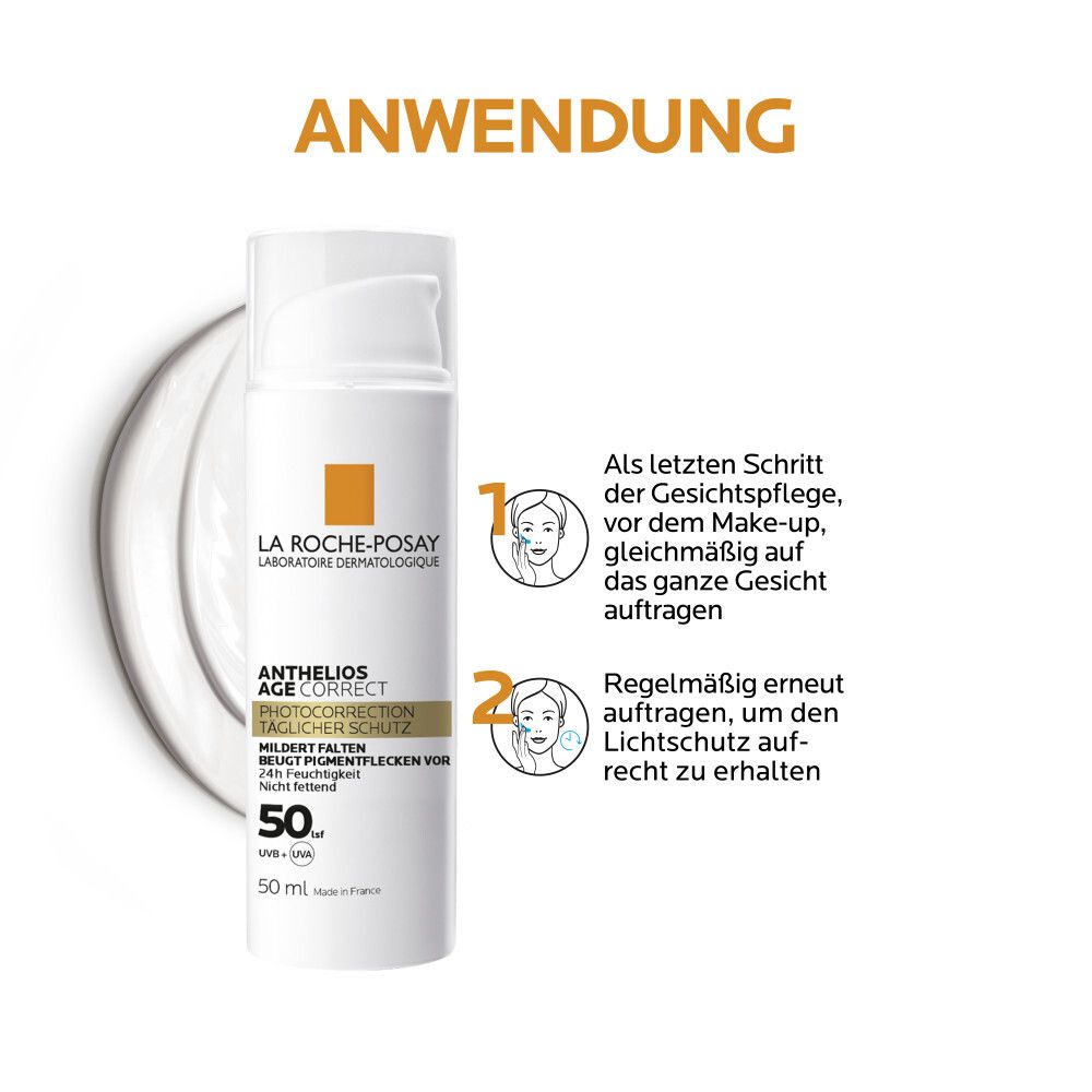 Utilisation d'Anthelios Age Correct SPF 50+ : Appliquer en dernière étape, renouveler régulièrement.