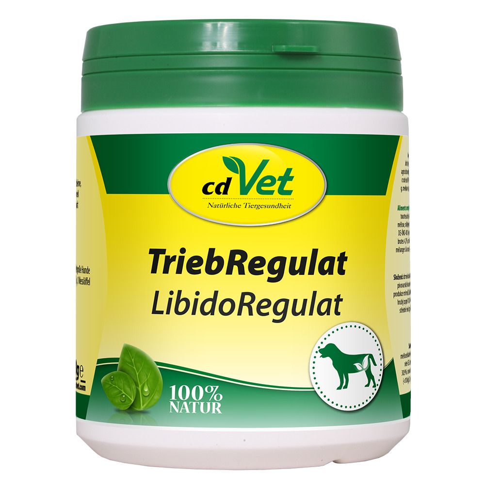Witte pot met groene deksel. Op gele achtergrond staat "TriebRegulat LibidoRegulat" van cdVet. 100% Natur.