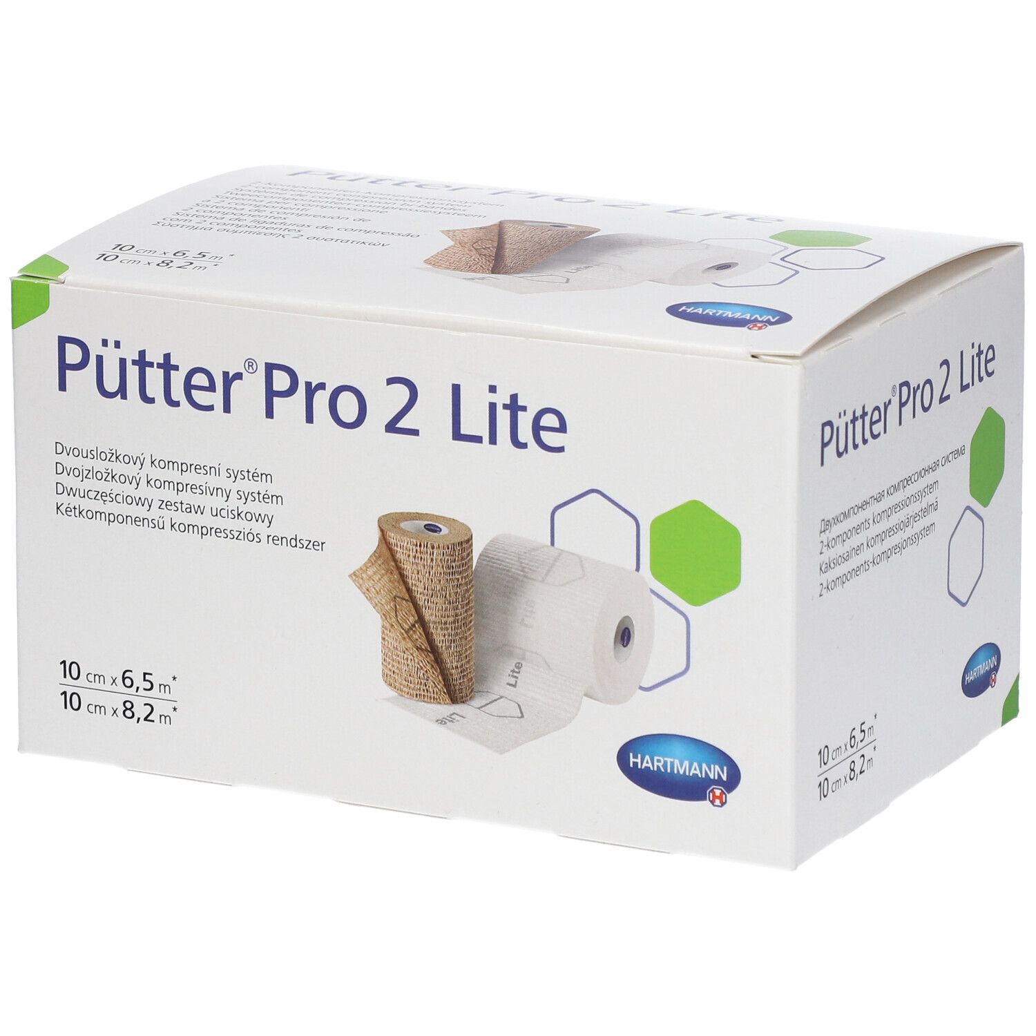 Verpakking van Pütter Pro 2 Lite compressieverband. Twee rollen, één beige, één wit. Hartmann logo.