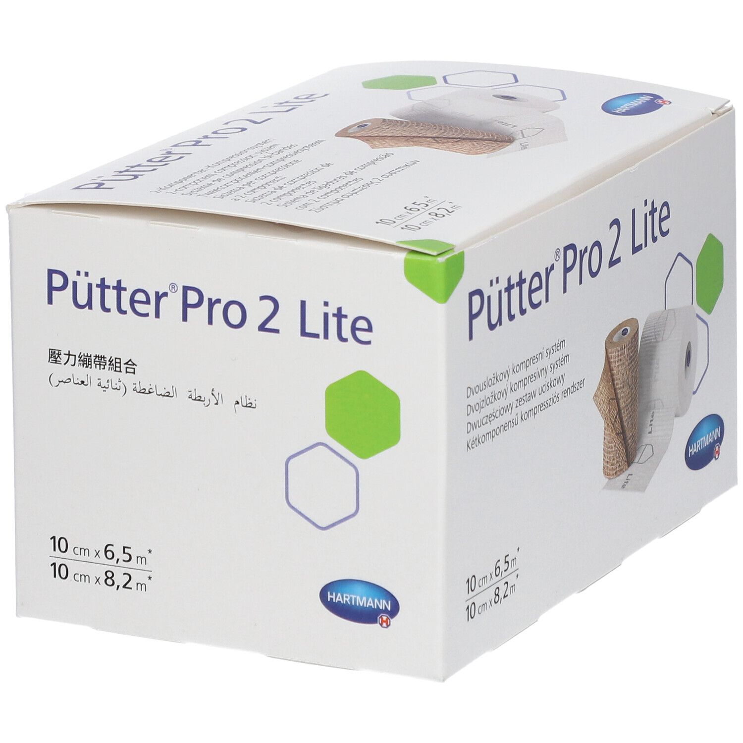 Verpakking van Pütter Pro 2 Lite compressieverband. Twee rollen, één beige, één wit. Hartmann logo.