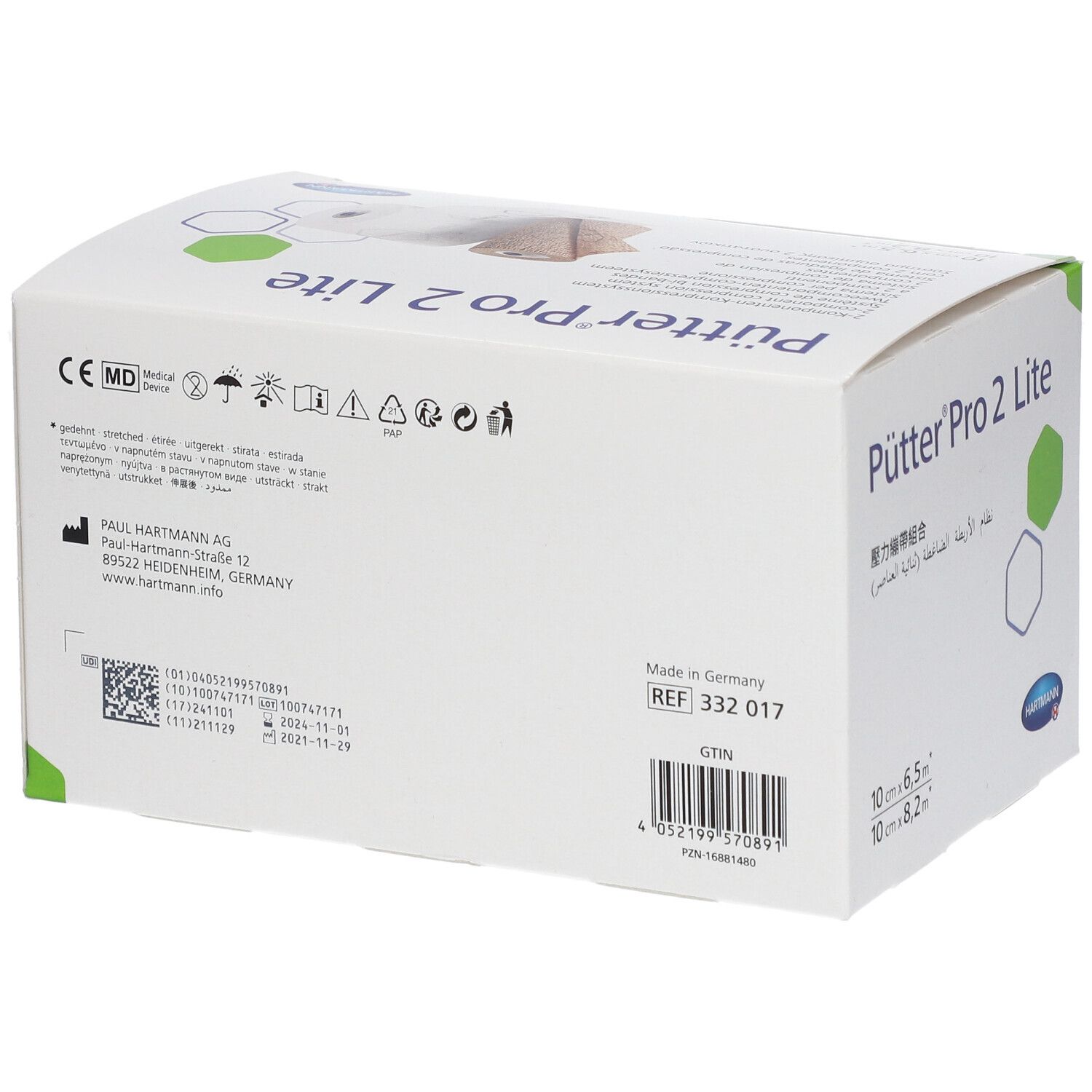 Achterkant van de verpakking van Pütter Pro 2 Lite. Tekst, barcode, CE-markering, Hartmann logo.