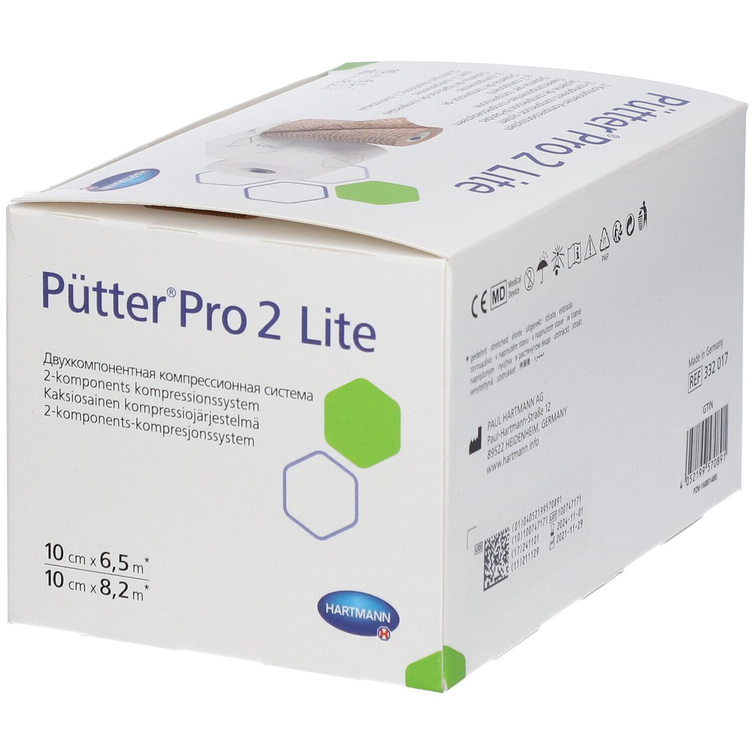 Verpakking van Pütter Pro 2 Lite compressieverband. Twee rollen, één beige, één wit. Hartmann logo.