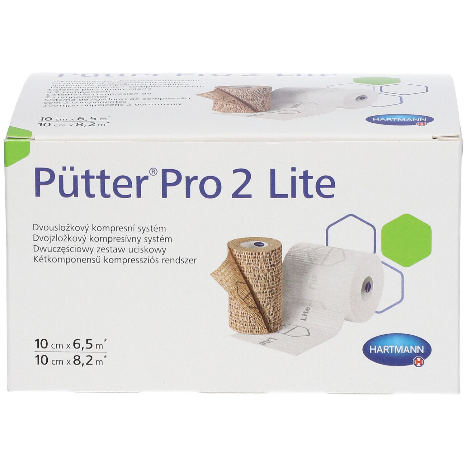 Verpakking van Pütter Pro 2 Lite compressieverband. Twee rollen, één beige, één wit. Hartmann logo.