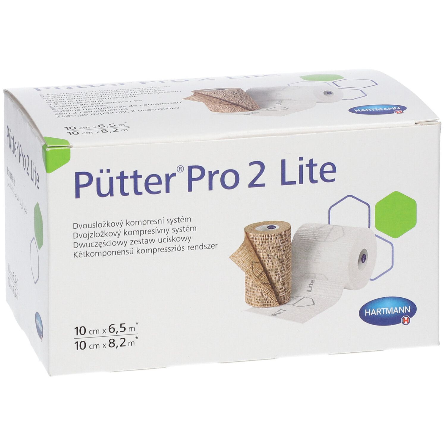 Verpakking van Pütter Pro 2 Lite compressieverband. Twee rollen, één beige, één wit. Hartmann logo.