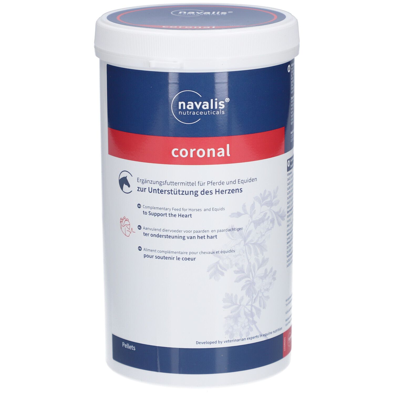 Witte en blauwe pot met "navalis" en "coronal". Aanvullend diervoeder voor paarden. Hart illustratie.