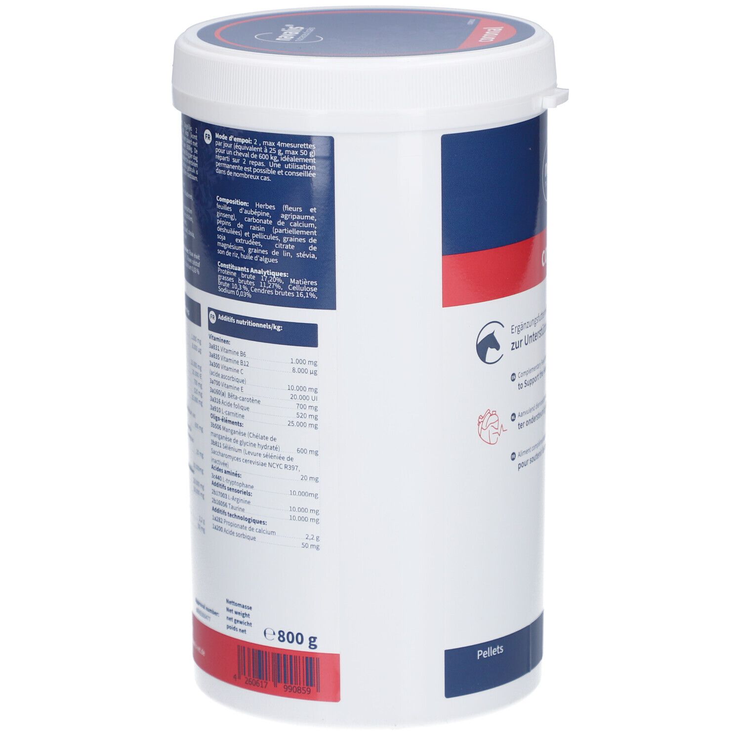 Witte en blauwe pot. Achterkant met ingrediënten en voedingswaarde. Gewicht: 800 g. Meertalige tekst.