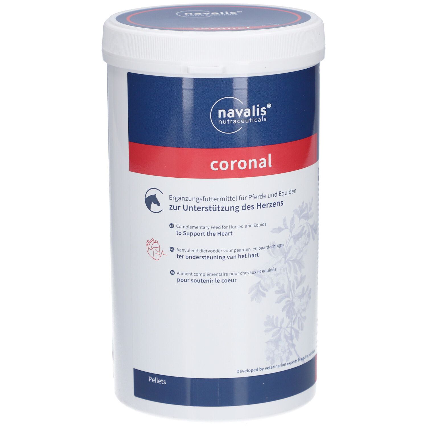 Witte en blauwe pot met "navalis" en "coronal". Aanvullend diervoeder voor paarden. Hart illustratie.
