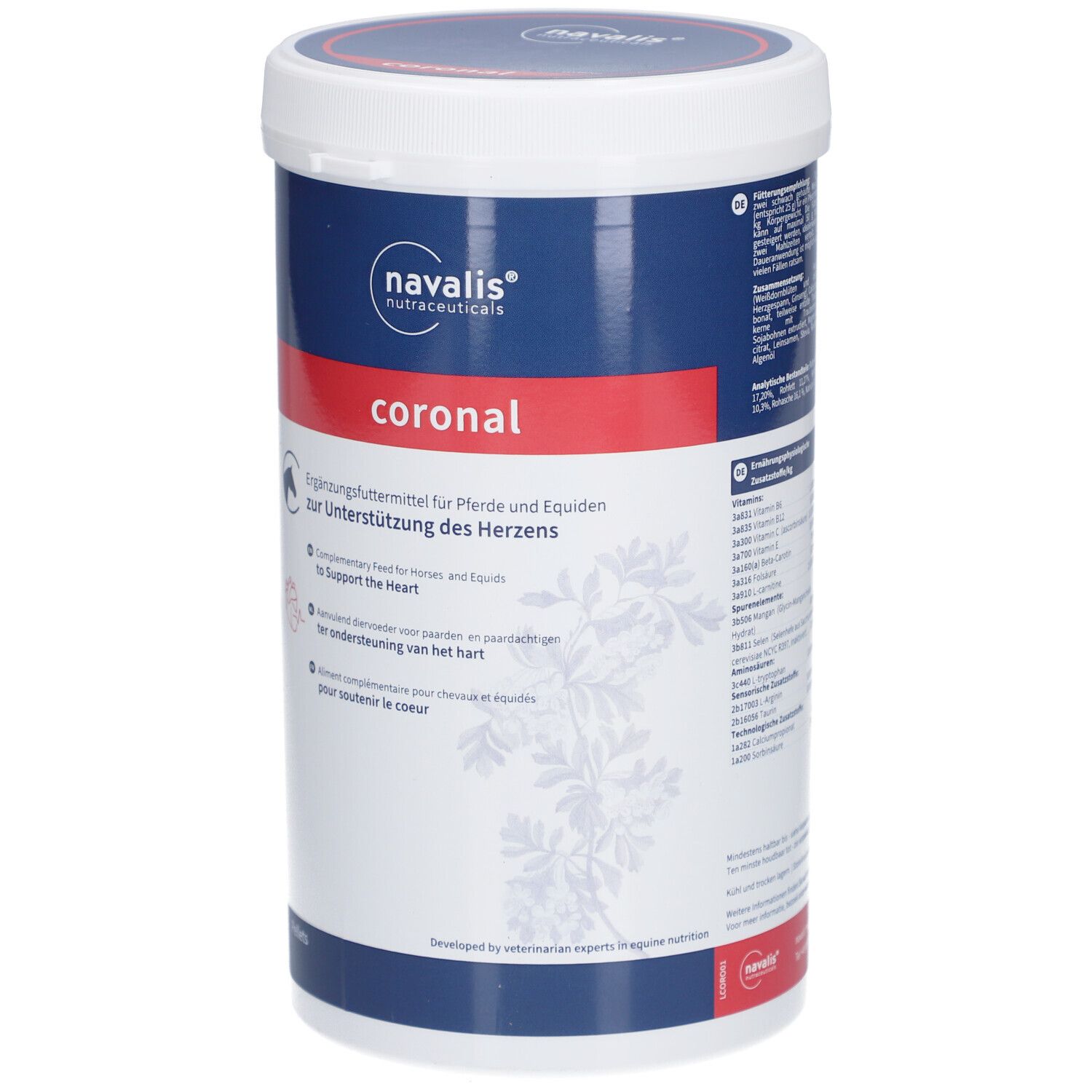 Witte en blauwe pot met "navalis" en "coronal". Aanvullend diervoeder voor paarden. Hart illustratie.