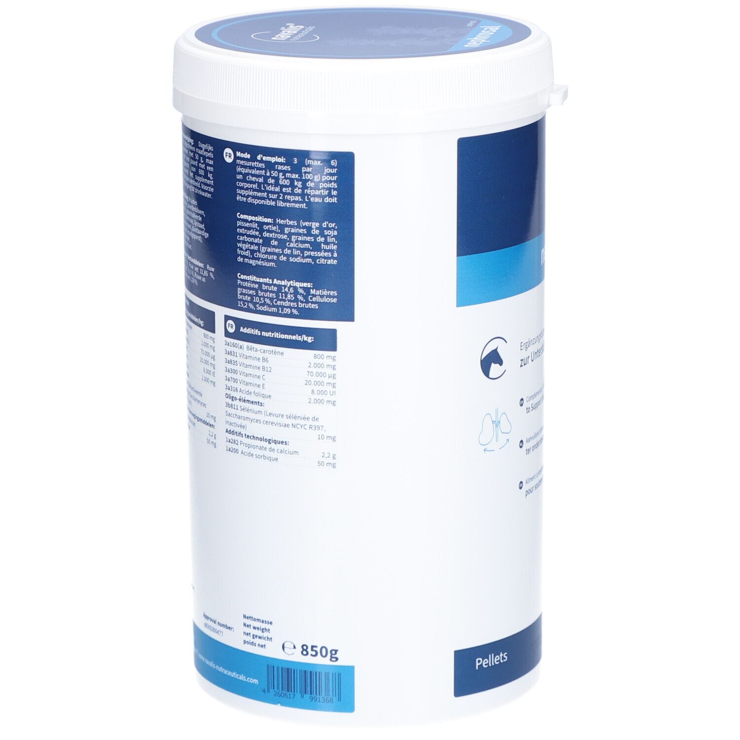 Vue latérale du seau blanc. Inscription : nephrosal, navalis. Contient des informations sur les ingrédients et les valeurs nutritionnelles. Poids : 850g.