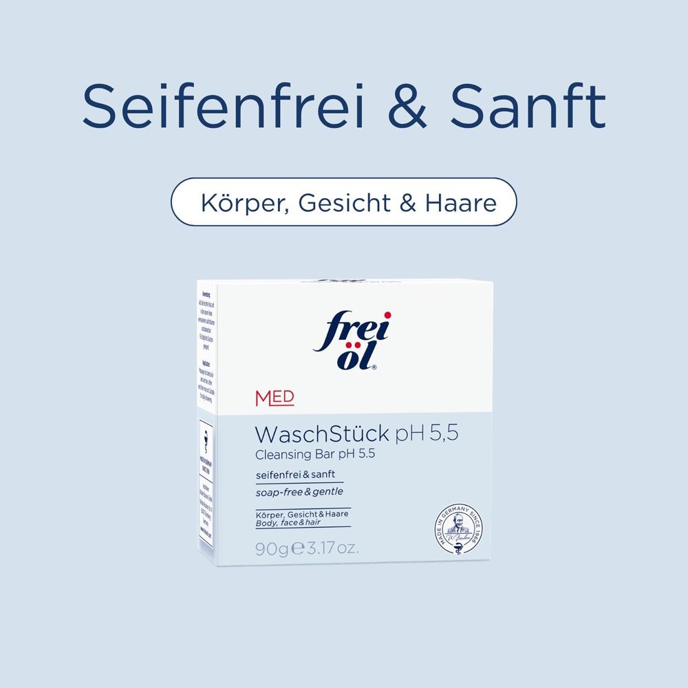 Pain lavant et emballage. Texte : frei öl, WaschStück pH 5,5, nettoyage 3-en-1 sans savon. Texte : frei öl®-Effekt.