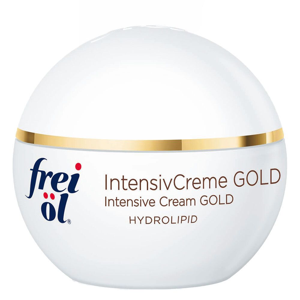 Witte crèmepot met gouden ring. Opschrift: frei öl®, IntensivCreme GOLD, HYDROLIPID. Rode stippen.