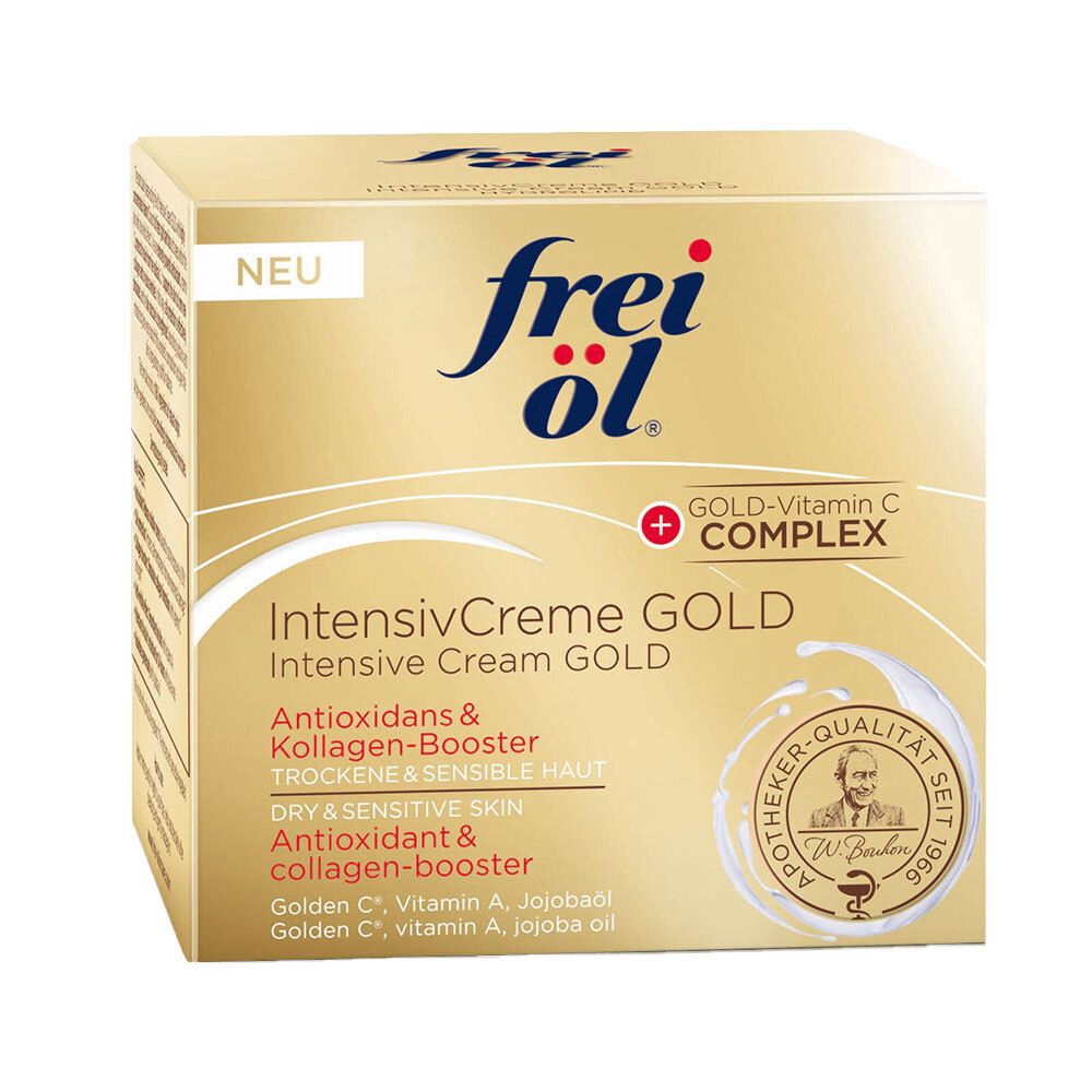 Gouden doos met crèmepot. Opschrift: frei öl®, IntensivCreme GOLD, GOLD-Vitamin C COMPLEX. Apothekerskwaliteit.