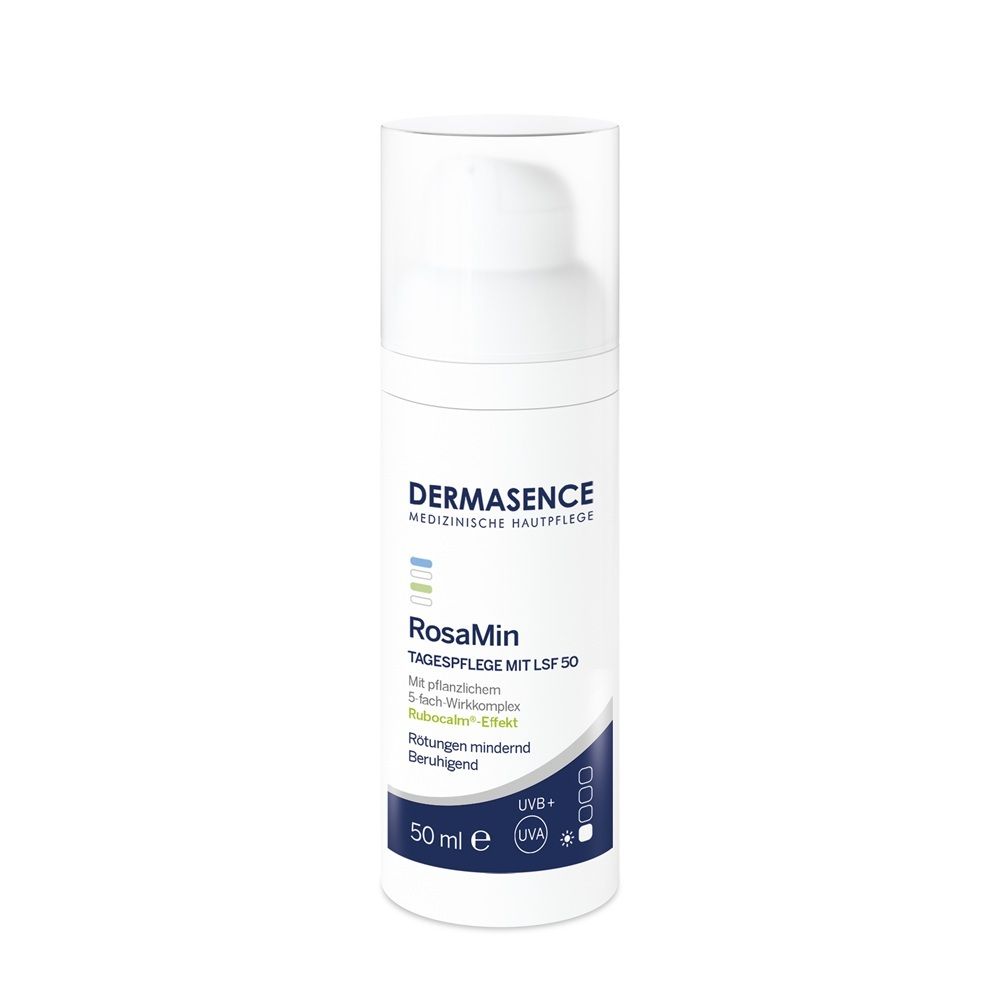 Flacon blanc avec pompe. Texte: DERMASENCE RosaMin Tagespflege LSF 50. 50 ml. Avec emballage.