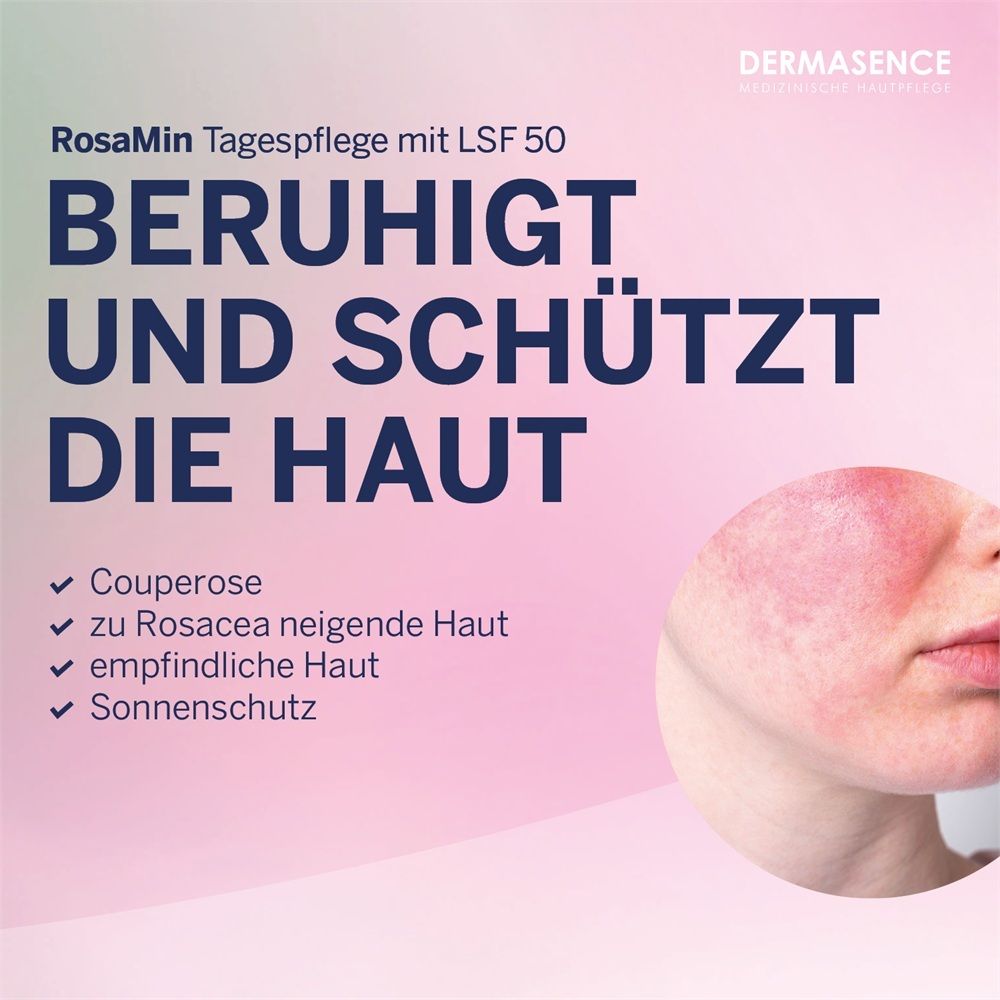 Femme avec produit. Texte: DERMASENCE. RosaMin Tagespflege LSF 50. Extraits végétaux naturels. Facteur de protection 50.