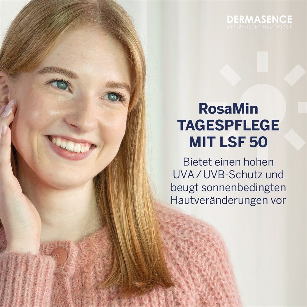 Flacon de produit et plantes. Texte: DERMASENCE. RosaMin Tagespflege LSF 50. Soin de jour léger. 50 ml.
