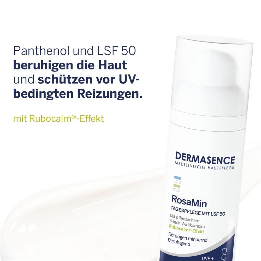 Femme applique crème. Texte: DERMASENCE. RosaMin Tagespflege LSF 50. Réduit les rougeurs. Pour peau rosacée.