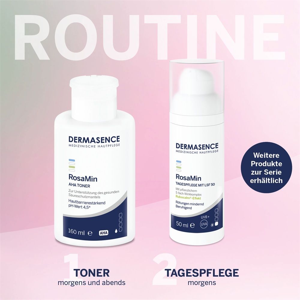 DERMASENCE RosaMin AHA Toner (160 ml) et Soin de jour FPS 50 (50 ml).